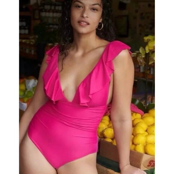 NWT J. Crew Women's Plunge V-Neck Pink Ruched Ruffle One-Piece Swimsuit Size 4 - Picture 1 of 6